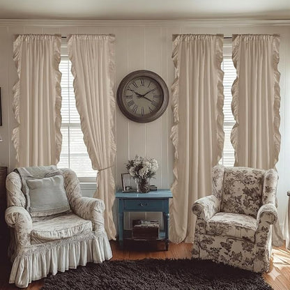 StangH Cottage Ruffle Curtains 96 Inches Long, Ristic Farmhouse Drapes for Large Window, Shabby Chic Privacy Country Panels for Living Room/Bedroom, Beige, W52 x L96, 2 Panels