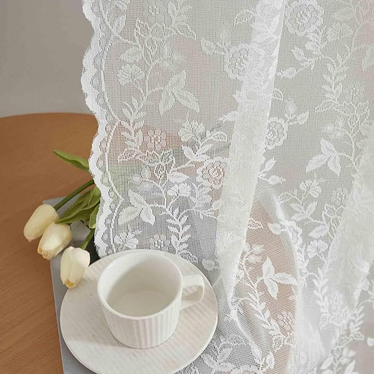 FINECITY Lace Curtains 45 Inch Length for Kitchen Window, Rustic Leaf Floral Design Lace Kitchen Curtains 2 Panels, Rod Pocket Farmhouse Privacy Sheer Lace Curtains, 42 x 45 Inch, 1 Pair, Ivory