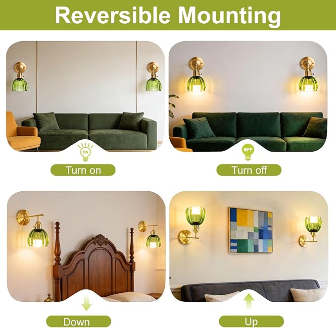 Vintage Gold Wall Sconces with Green Tulip Glass Lampshade, Hardwired Wall Lamp (2 Usage Methods), Brass Sconces Hradwired Modern Wall Light Fixture for Bedroom Living Room