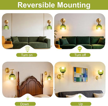 Vintage Gold Wall Sconces with Green Tulip Glass Lampshade, Hardwired Wall Lamp (2 Usage Methods), Brass Sconces Hradwired Modern Wall Light Fixture for Bedroom Living Room