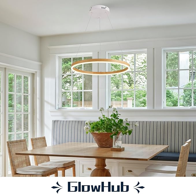 LED Ring Chandelier Wood Grain Round Chandeliers Modern Farmhouse Pendant Light Circular Hanging Ceiling Light Coastal Chandelier for Dining Room Kitchen Entryway, 20 inches