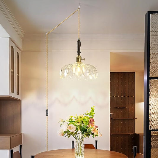 Modern Clear Plug in Glass Pendant Light Retro Flower Glass Hanging Lamp Gold Brass Decorative Adjustable Ceiling Hanging Light Suitable for Kitchen Island Bedroom Dining Room Living Room