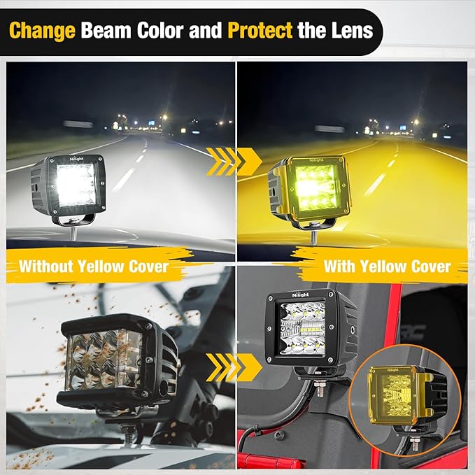 Nilight 3 inch Cube Light Pod Cover 2 PCS Yellow Protective Covers Durable Polycarbonate Lens Waterproof Dustproof Scratch-Proof for Square Lights Off Road Driving Lighting
