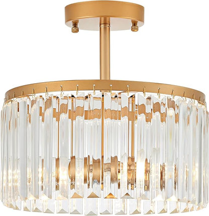 12" Gold Semi Flush Mount Crystal Ceiling Light Fixtures for Kitchen Modern Industrial 2-Light Small Chandeliers Lighting for Bedroom Entryway Hallway Living Dining Room Foyer