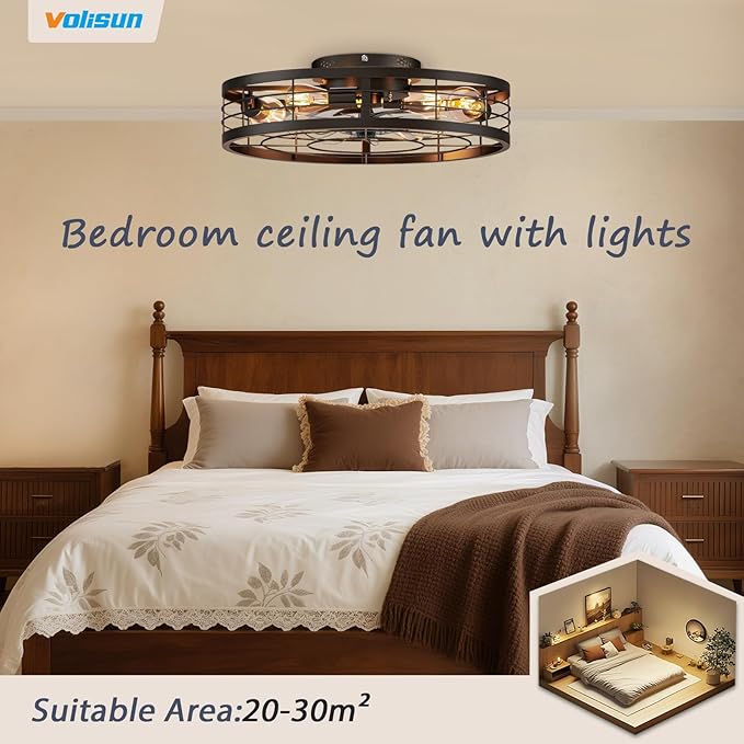 VOLISUN Caged Ceiling Fan with Light and Remote,23.6 inch Fandelier Ceiling Fan with Light Flush Mount, Farmhouse Bladeless Ceiling Fans with Lights for Kitchen,Bedroom