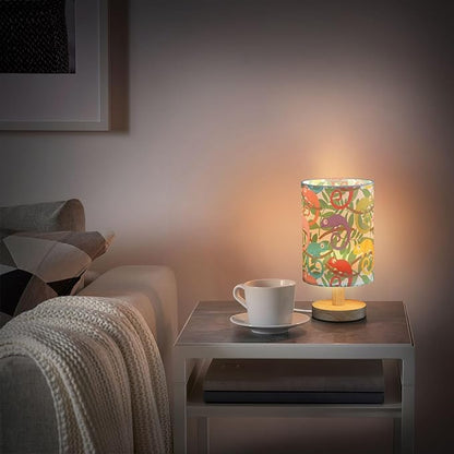 Colorful Chameleon Cartoon Lizard Animal in Green Tropical Leaf Table Lamp with Wood Base Fabric Lamp Shade Bedside Nightstand Desk Lamp for Living Room Bedroom Kids Room Office