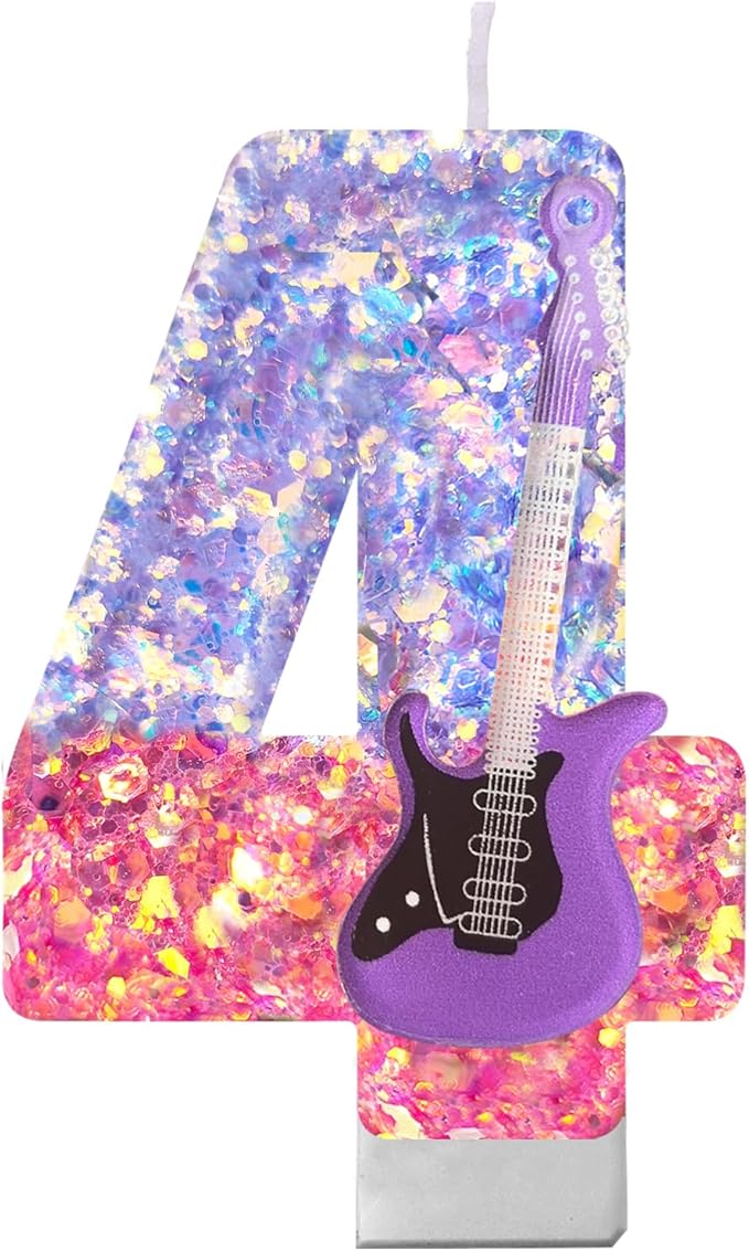 K-Pop Birthday Candle – Purple & Pink Glitter Music Theme Cake Candle with Guitar, Musical Party Decor for Girls, Teens, Kpop Fans (4)