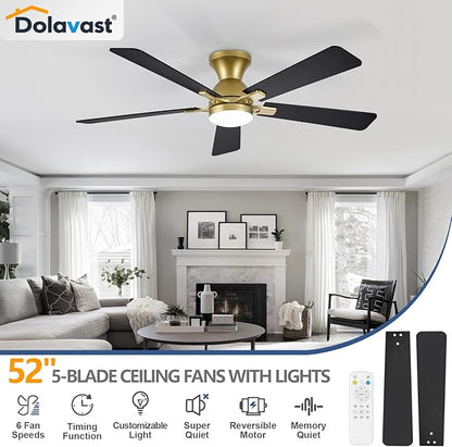 Ceiling Fans with Lights and Remote, 52 Inch Ceiling Fan with Light, Low Profile Reversible Gold Fandelier Ceiling Fan, Dimmable LED, Flush Mount, Quiet DC Motor, for Bedroom Kitchen