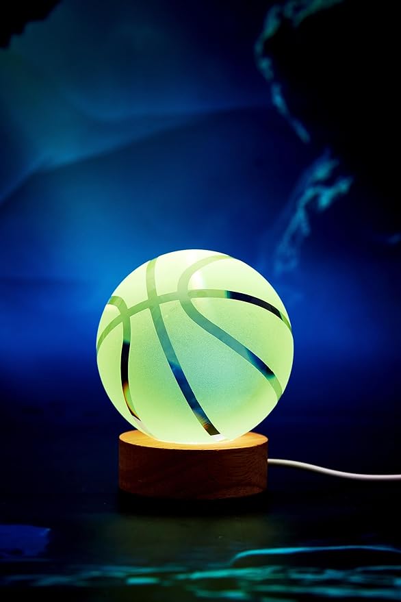 Basketball Crystal Ball Lamp,3.15 inch 3D K9 Crystal Ball Night Light with Wooden Base,Basketball Lamp Light, Gifts for Boys,16 Colors Change with Remote Control (K)