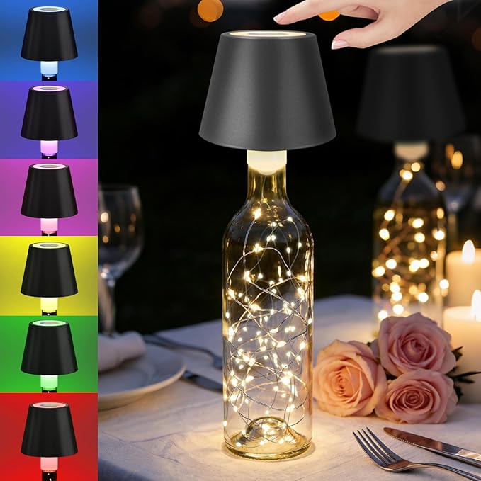 uuffoo Wine Bottle Lamps Wireless 8 Colors, 4000mAh Rechargeable Bottle Lights Cordless with Touch Dimming, Lamp Kit for Whiskey Liquor Bottles for Party Restaurant Home Bar Decor (1PC Black)