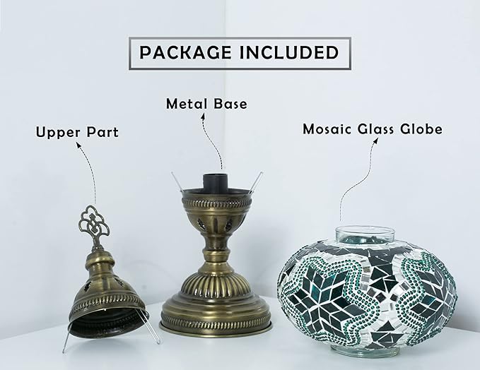 Turkish Mosaic Table Lamp with Bulb – Handmade Turquoise-Teal Stained Glass Light, Vintage Bohemian Bedroom & Living Room Decor, E12 Socket & US Plug