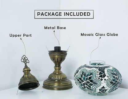 Turkish Mosaic Table Lamp with Bulb – Handmade Turquoise-Teal Stained Glass Light, Vintage Bohemian Bedroom & Living Room Decor, E12 Socket & US Plug