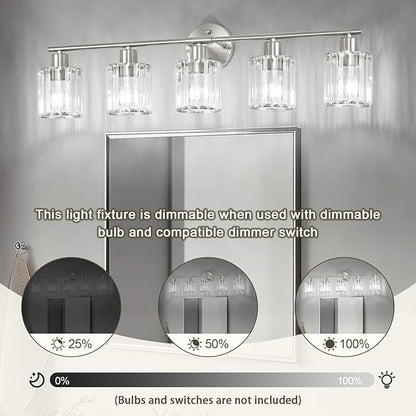 Crystal Bathroom Light Fixtures,Bathroom Lighting Fixtures Over Mirror, Modern 5-Light Brushed Nickel Vanity Lights for Mirror, Restroom,Kitchen(Ceramic E26 Socket,Bulbs Not Include)