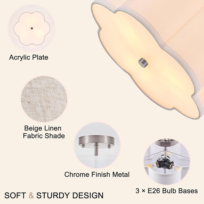 Modern Drum Semi Flush Mount Ceiling Light Fixture Modern 3-Lights Linen Drum Ceiling Lighting with Chrome Finish, Vintage Modern Ceiling Light for Laundry Room, Kitchen, Basement, Bedroom