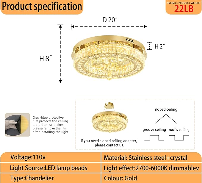 20'' Gold Modern Crystal Chandelier LED Dimmable Flush Mount Crystal Ceiling Light for Living Room Bedroom Dining Room