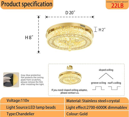 20'' Gold Modern Crystal Chandelier LED Dimmable Flush Mount Crystal Ceiling Light for Living Room Bedroom Dining Room