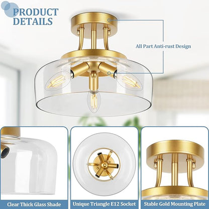 TOBUSA 3-Light Gold Semi Flush Mount Light Fixture, Modern Ceiling Light with Drum Glass Shade, Golden Ceiling Lamp for Living Room Kitchen Bedroom Hallway Bathroom Laundry, E12 Socket, No Bulbs