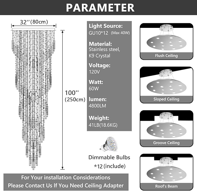 D32'' x H100'' Modern Crystal Chandelier High Ceiling Chandeliers for Entryway Glam Chandelier Large Raindrop Chandeliers LED Dimmable Light Fixtures for Staircaes Foyer Hallway Living Room Silver