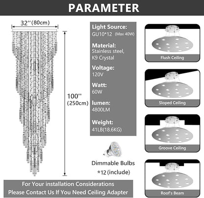 D32'' x H100'' Modern Crystal Chandelier High Ceiling Chandeliers for Entryway Glam Chandelier Large Raindrop Chandeliers LED Dimmable Light Fixtures for Staircaes Foyer Hallway Living Room Silver