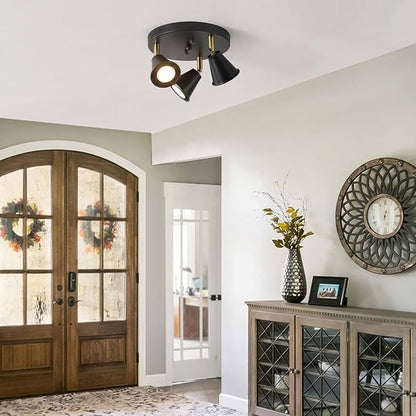 3-Light Industrial Directional Track Lighting, Adjustable Round Ceiling Spotlight, Morden Black Flush Mount Kitchen Light for Kitchen,Hallway,Dining Room,Porch,Office.Gu10 Bulbs Included