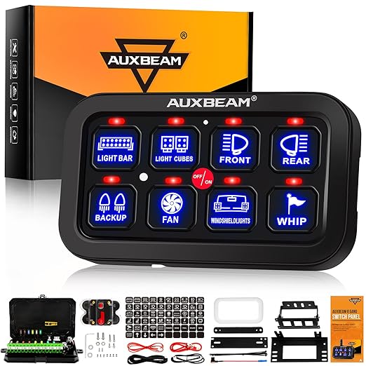 Auxbeam 8 Gang Switch Panel BA80, Universal Circuit Control Relay System Box with Automatic Dimmable On-Off LED Switch Pod Touch Switch Box for Car Pickup Truck Boat UTV ATV, Blue 3 Years Warranty