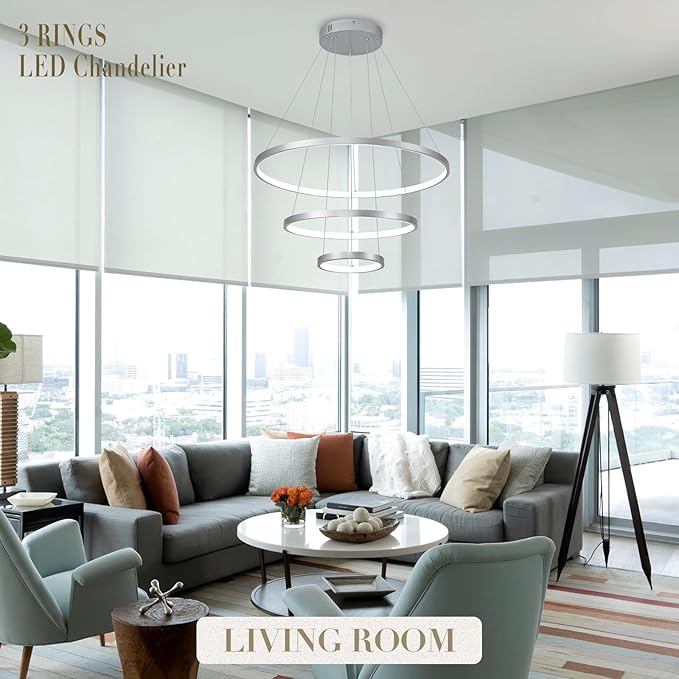 Modern Silver LED Chandeliers 3 Rings Chandelier 23.6" Dimmable LED Pendant Light Fixture Remote Control Contemporary Flush Mount Chandelier for Dining Room Bedroom Foyer, 3000-6500K