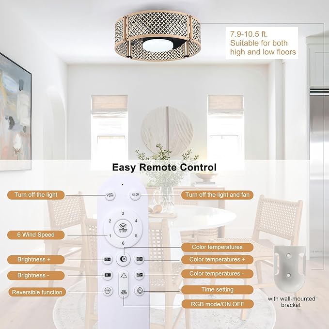 Ganeed 20" Boho Caged Fandelier with Lights, 18W Dimmable LED Rattan Ceiling Fan with Lights and Remote Control, Enclosed 6 Speeds/RGB Low Profile Bamboo Fan Light for Bedroom, Living Room, Kitchen