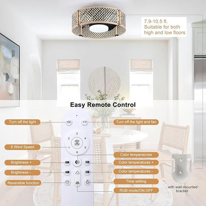Ganeed 20" Boho Caged Fandelier with Lights, 18W Dimmable LED Rattan Ceiling Fan with Lights and Remote Control, Enclosed 6 Speeds/RGB Low Profile Bamboo Fan Light for Bedroom, Living Room, Kitchen