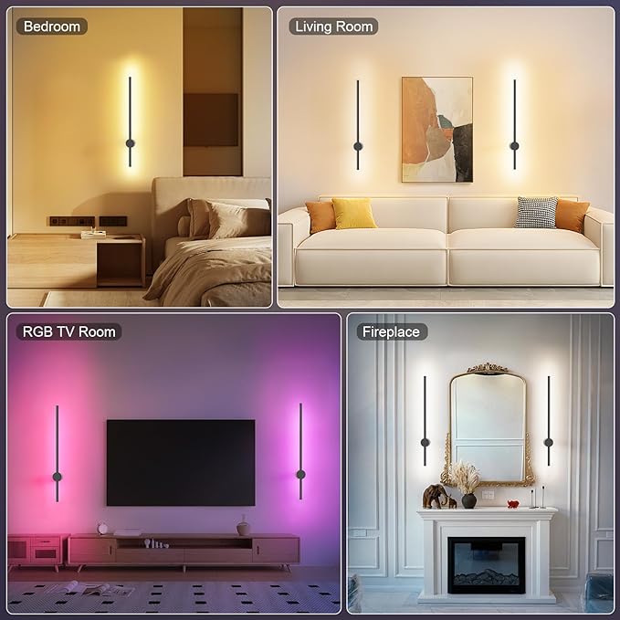 NIORSUN 24 Inch Battery Operated Wall Sconce Set of 2,Black Minimalist Rechargeable LED Wall Lights with Remote, 10 Colors Dimmable Wireless Wall Lamp for Living Room Bedroom Hallway