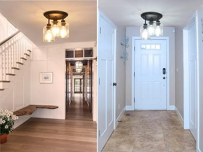 Semi Flush Mount Ceiling Light with Seeded Glass Shades for Kitchen Hallway and Dining Room, 3-Lights Rustic Ceiling Light Fixtures in Oil Rubbed Bronze.