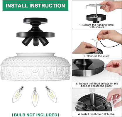 Lamomo Semi Flush Mount Ceiling Light,12 Inch White Glass Shade Black Hallway Light Fixture,3 Light Globe Glass Close to Ceiling Scone,Indoor Hanging Light for Bedroom Kitchen Porch Hallway