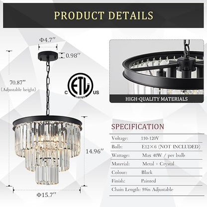 Modern Crystal Chandeliers 16" Small Black Pendant Light Luxury 3 Tiers K9 Crystal Ceiling Pendant Round Light Fixture 6-Light for Dining Room Entryway Kitchen Bedroom Closet