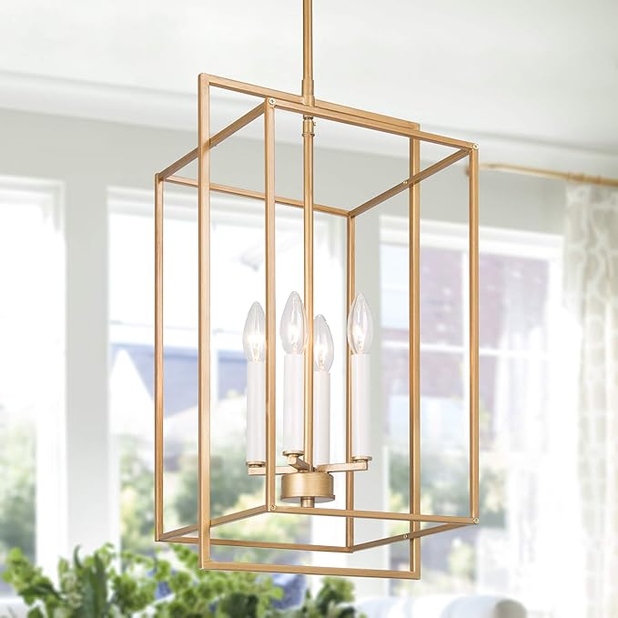 KSANA Antique Gold Chandelier, 4-Light Modern Linear Chandeliers, Pendant Hanging Light Fixtures for Dining Rooms, Foyer, Living Room, Bedroom and Kitchen Island