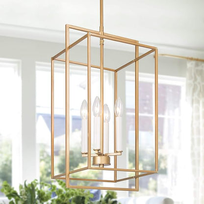 KSANA Antique Gold Chandelier, 4-Light Modern Linear Chandeliers, Pendant Hanging Light Fixtures for Dining Rooms, Foyer, Living Room, Bedroom and Kitchen Island