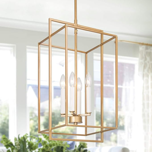 KSANA Antique Gold Chandelier, 4-Light Modern Linear Chandeliers, Pendant Hanging Light Fixtures for Dining Rooms, Foyer, Living Room, Bedroom and Kitchen Island