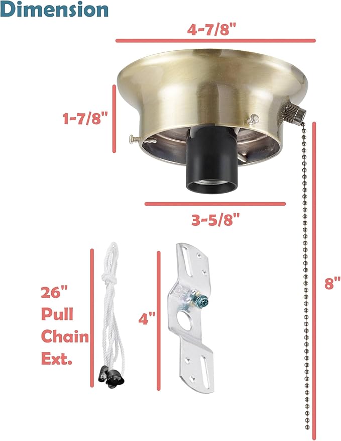 Aspen Creative 22101-07-1, Flush Mount Ceiling Fixture Shade Holder Kit with On/Off Pull Chain Switch in Antique Brass Finish 3-5/8" Fitter, 4-7/8" Diameter x 1-7/8" Height