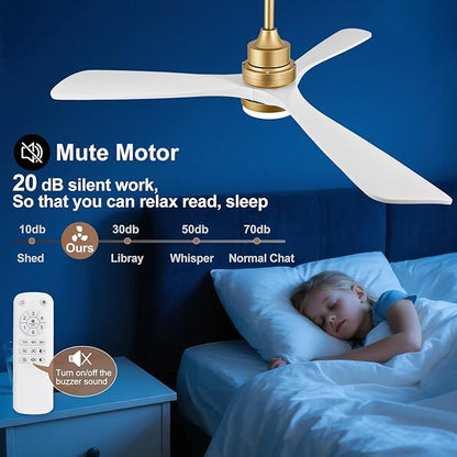 52 Inch Wood Ceiling Fans with Lights and Remote, White Gold Outdoor Ceiling Fan with Light, Dimmable 3 Blades Outdoor Fans for Patios Noiseless Modern Ceiling Fans for Bedroom Living Room