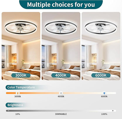 Ceiling Fans with Lights and Remote, 20" Low Profile Ceiling Fan, Dimmable Modern Flush Mount LED Fan Light, 6 Wind Speeds, Black Fandelier Ceiling Fans for Bedroom (Black)