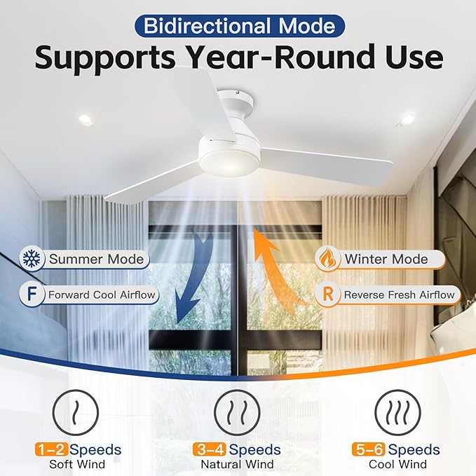 Ceiling Fans with Lights, 42 Inch Ceiling Fan with Light And Remote, 3CCT Flush Moun Low Profile Ceiling Fans, 6 Speed Noiseless LED Ceiling Fan, White Ceilings Fan with Remote for Bedroom Living Room
