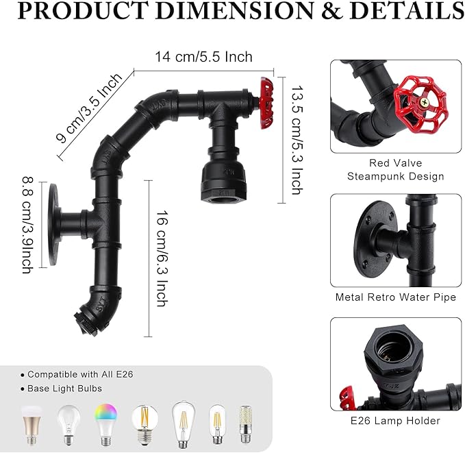 XEYOU Retro Wall lamp Vintage Industrial Steampunk Wall Sconce with Switch Metal Water Pipe Wall Mounted Light Fixture E26 Edison Bulb for Cafe Bar Restaurant Bedroom Livingroom