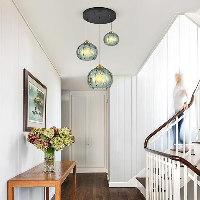 Mint Green Glass Chandelier, 3 Light Pendant Light Fixtures Kitchen Island Lighting Century Modern Kitchen Island Pendant Lighting Hanging Lights Multi Light Cluster Pendant Lighting（Without Bulb）