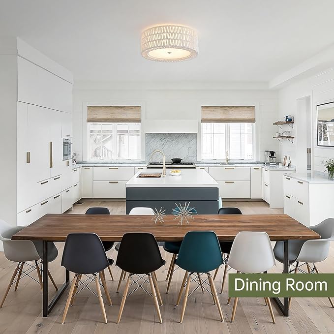 Boho Flush Mount Ceiling Light, 3-Light Rattan Light Fixture White Bedroom Light Fixtures 15.7" Modern Ceiling Light for Nursery Hallway Entryway Kitchen Dining Room