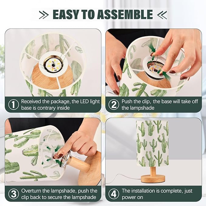 Bedside Table Lamp Cactus Cute Nightstand Lamp with Wood Desk Lamps for Bedroom Living Room Nursery Office Home Decor