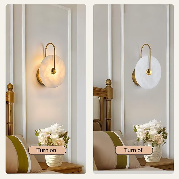 Round Alabaster Wall Sconce, Natural Marble Lampshade Wall Sconce, Hardwired Circular Sconce LED Modern Wall Lamp for Bedroom, Stairs, Living Room, Bedside, Hallway 7.84 Inch Gold