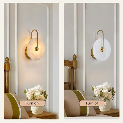 Round Alabaster Wall Sconce, Natural Marble Lampshade Wall Sconce, Hardwired Circular Sconce LED Modern Wall Lamp for Bedroom, Stairs, Living Room, Bedside, Hallway 7.84 Inch Gold
