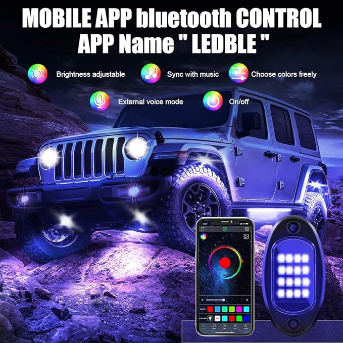 RGB LED Rock Lights for Trucks, 8 Pods Rock Lights with App/Remote Control/Music Mode, Multilcolor Neon Underglow Wheel Well Light for ATV Pickup Off Road RZR UTV Golf Car Trailer Boat