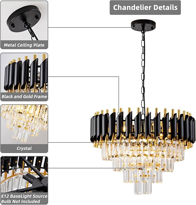 Modern Chandelier Gold and Black Crystal Chandeliers 4-Tier 20 Inch Round Hanging Crystal Pendant 7 Lights Fixture for Dining Room Bedroom Living Room Farmhouse, Clear