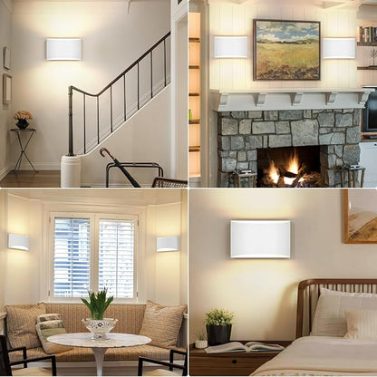 FOLKSMATE Modern LED Wall Sconces Set of 2, 3000K Warm White Up and Down Mount Light, White Large Interior Wall Lights Hardwired Lamp for Indoor Living Room Bedroom Hallway Basement Stairway