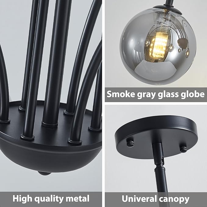 Modern Black Sputnik Chandelier 6-Light Mid Century Chandelier for Dining Room with Smoke Gray Glass Globe Ceiling Pendent Light Fixture for Living Room Kitchen Island Foyer Bedroom