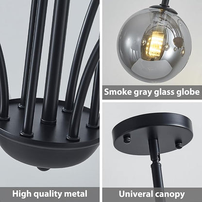 Modern Black Sputnik Chandelier 6-Light Mid Century Chandelier for Dining Room with Smoke Gray Glass Globe Ceiling Pendent Light Fixture for Living Room Kitchen Island Foyer Bedroom